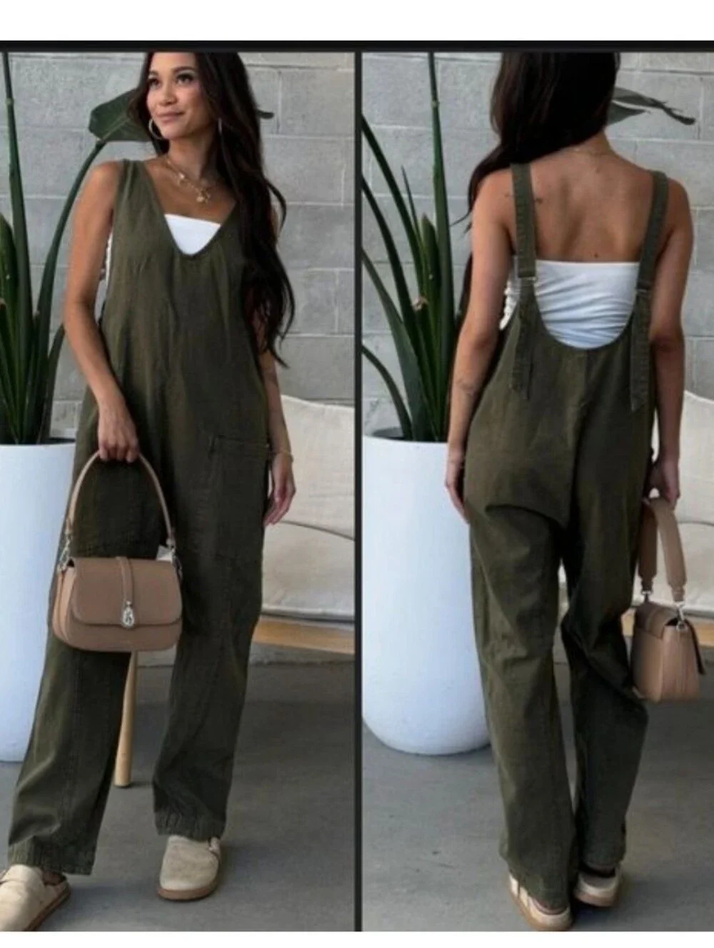 Free People We The Free High Roller Overalls Jumpsuit EUC Olive Sz XL